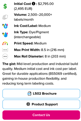 zap labeler afinia L502 Industrial Duo Ink Color Label Printer information sheet